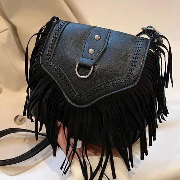 Boho Vegan Leather Western Fringe Crossbody Shoulder Bag - Picture 2 of 8